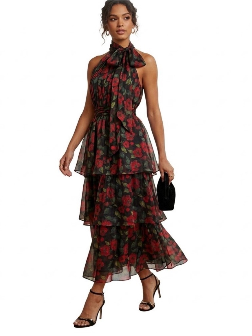 Mac Duggal leena Floral Chiffon Tiered Halter Midi Dress Bow Sz 6 Black Red
NWT
